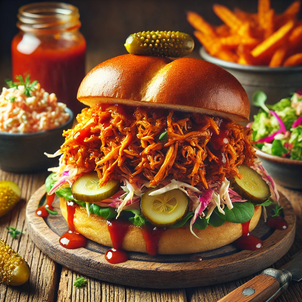 Ein köstlicher veganer Burger mit zartem, gezupftem Jackfruit in einer rauchigen BBQ-Sauce, garniert mit knusprigem Coleslaw und veganer Ranch-Dressing. <br>Empfohlene Beilagen<br>Süßkartoffel-Pommes und ein frischer gemischter Salat.<br>Dieses Rezept ist für 4 Personen.